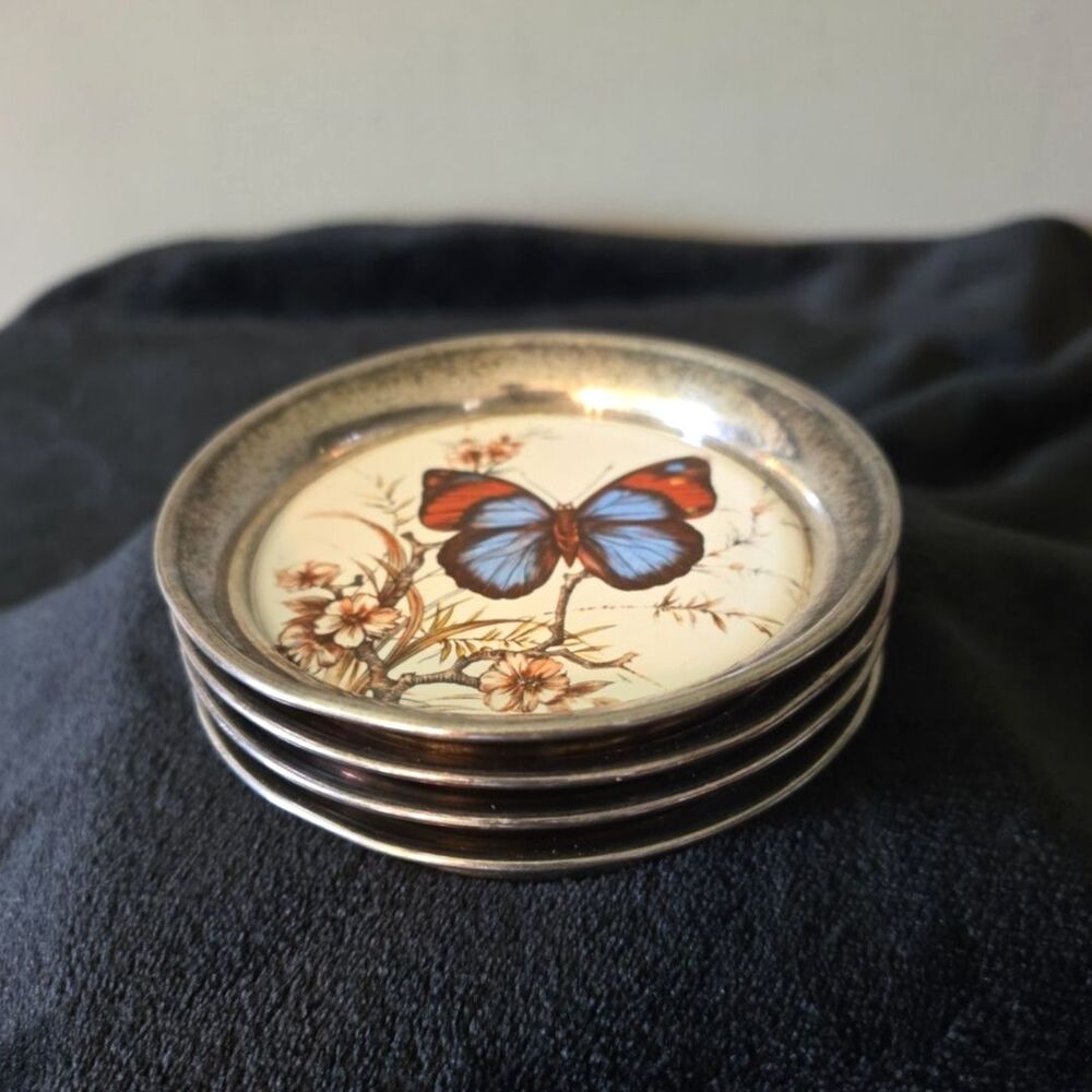 Taunton Collection, Sheridan Silver & Porcelain Butterfly Coaster Set Lennox Co.